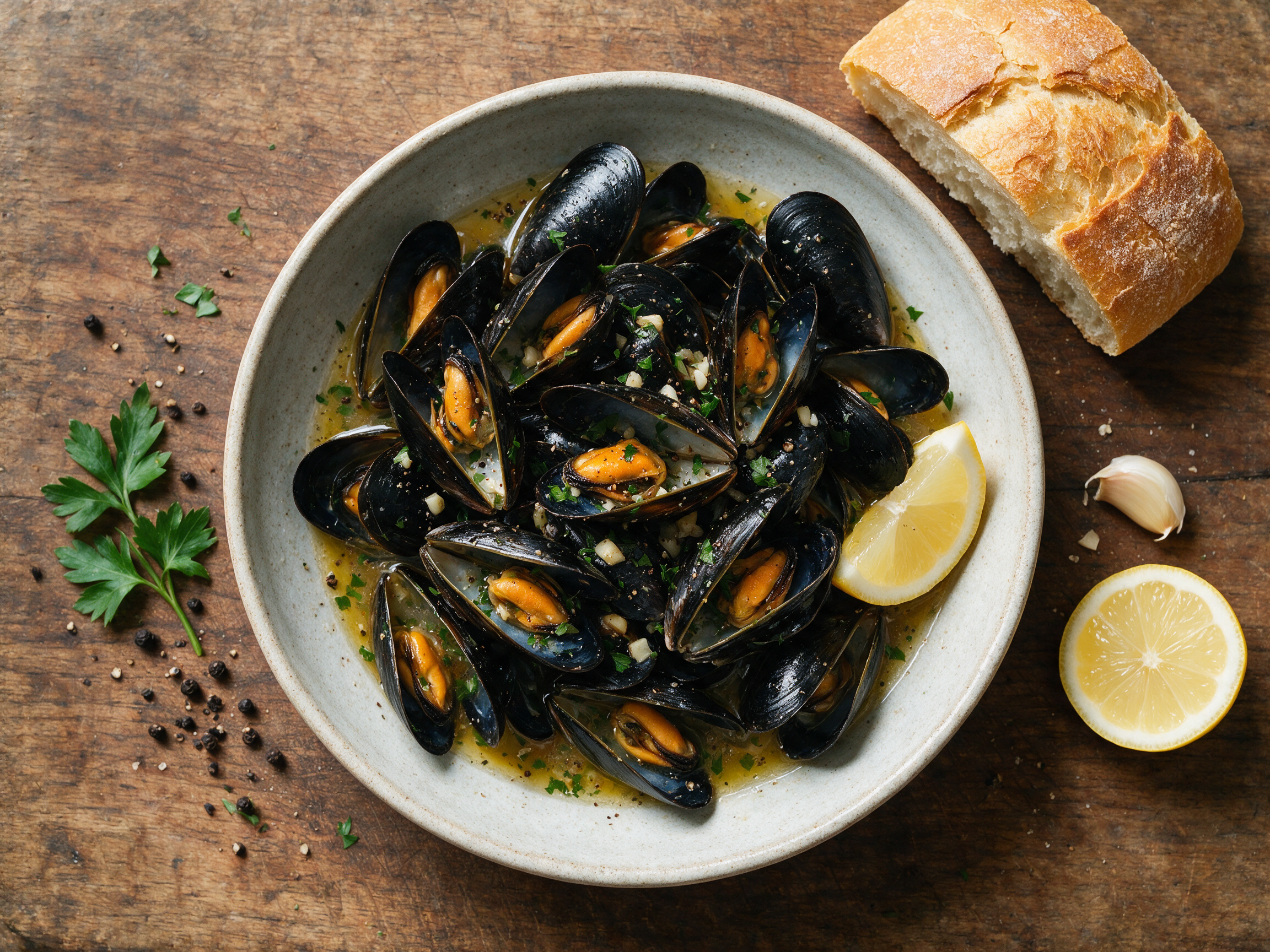 Overhead view of steamed mussels piled in a wide bowl with glossy black pepper broth, parsley flecks and lemon wedges on a wooden table.