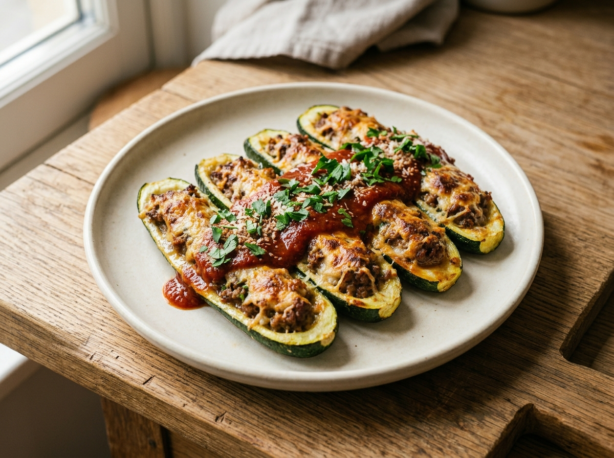 Baked zucchine ripiene stuffed with beef and parmesan, golden tops in a ceramic dish with tomato passata