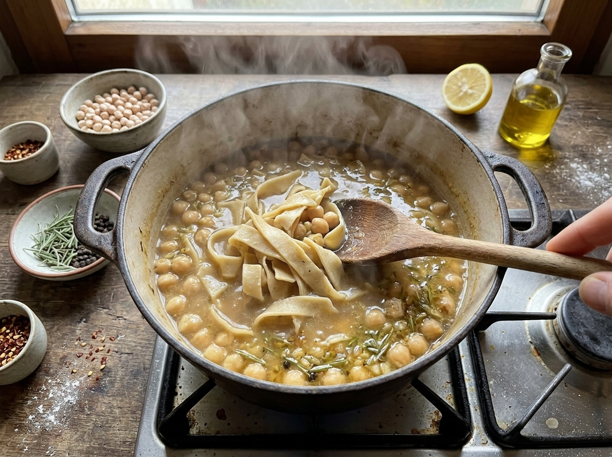Fresh lagane pasta ribbons being stirred into simmering chickpea broth in a heavy pot on the stovetop