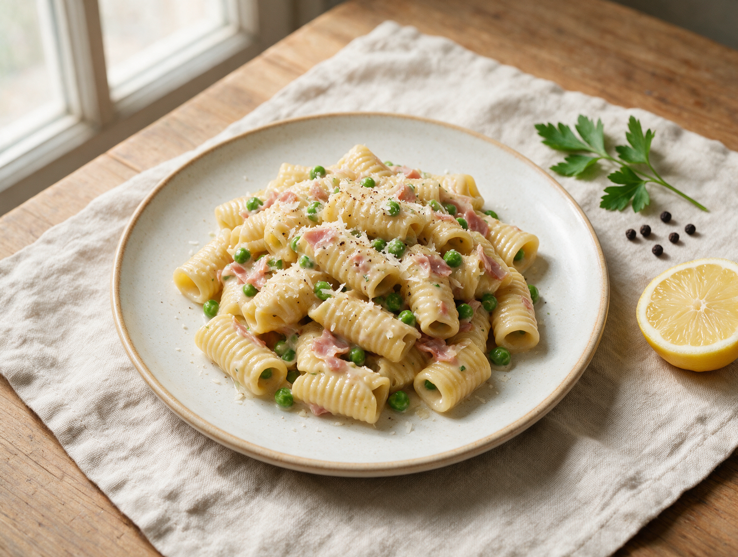 Overhead plate of garganelli al prosciutto with peas in a glossy cream sauce, topped with grated Parmigiano on a linen-topped table.