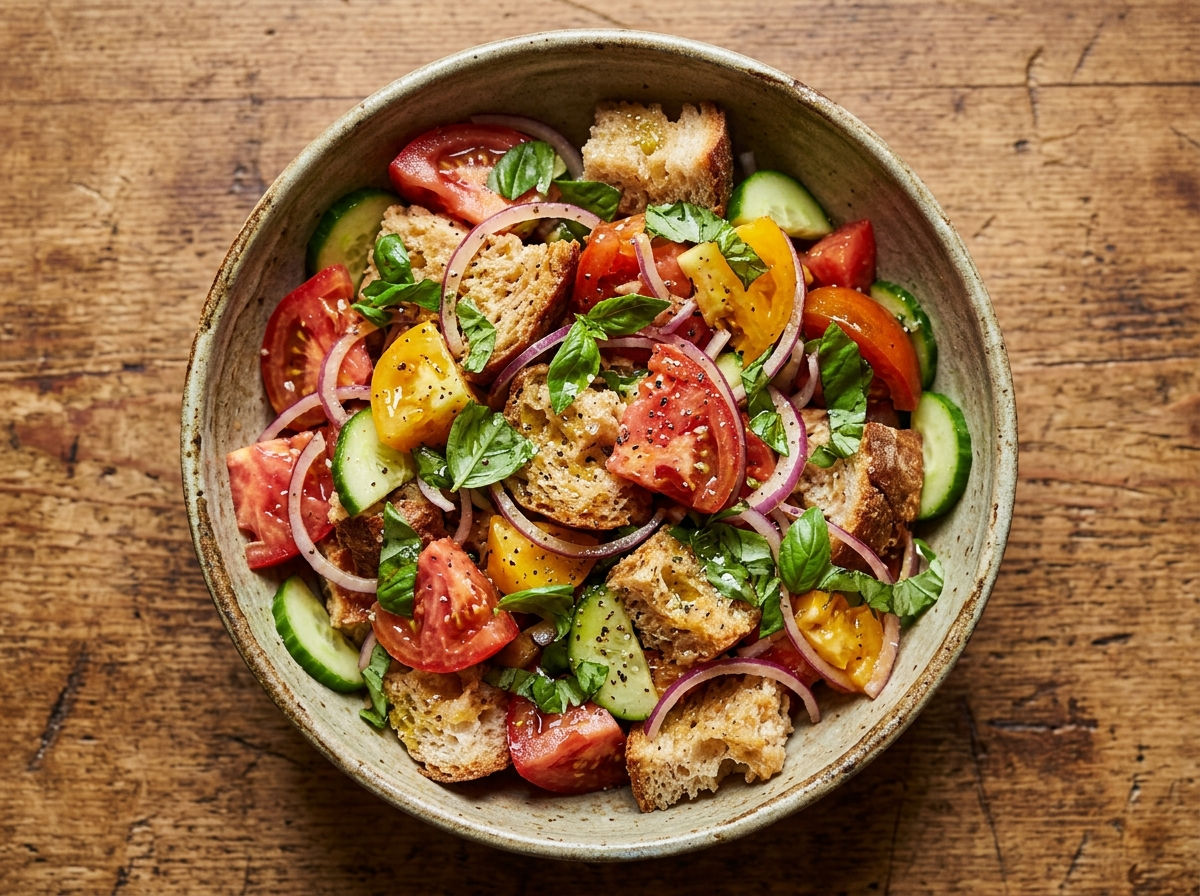 Panzanella toscana in a ceramic bowl with soaked bread, ripe tomatoes, cucumber, and torn basil on a wooden table