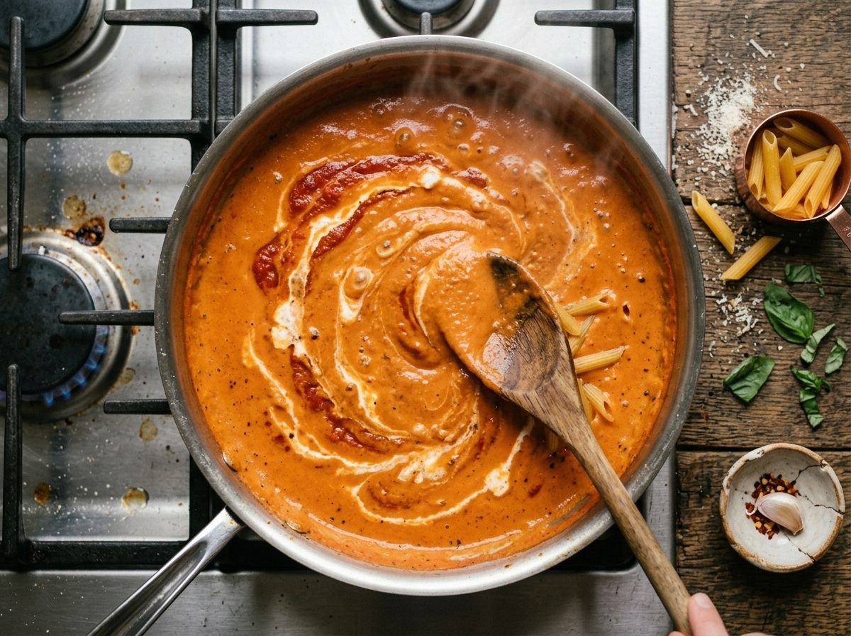 Wooden spoon stirring vodka sauce with tomato paste and cream in a stainless steel skillet on the stove