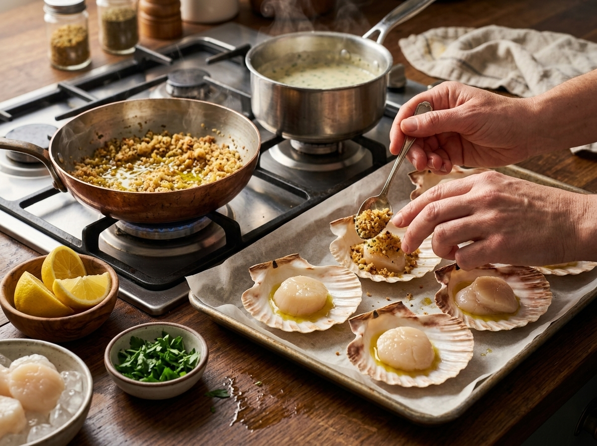 Hands spooning garlic parmesan breadcrumb topping over raw sea scallops arranged in shells before broiling