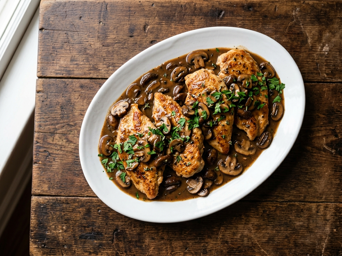 Pollo al Marsala chicken cutlets topped with mushroom Marsala wine sauce and parsley on a white platter