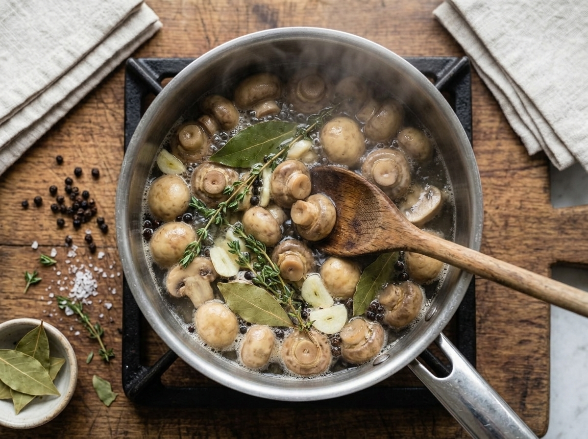 Cremini mushrooms simmering in a vinegar and water bath with bay leaves and peppercorns in a steel pot