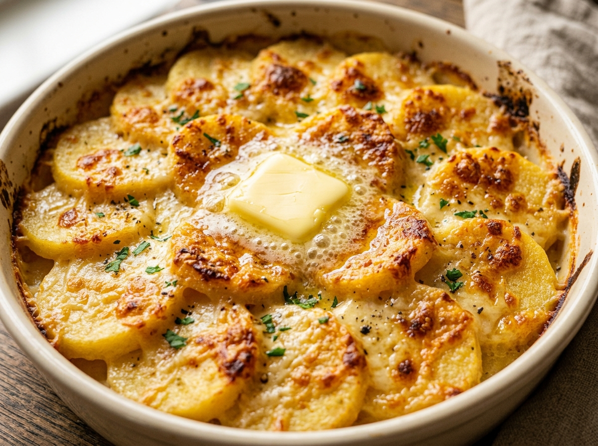 Baked gnocchi alla romana discs with golden Parmigiano crust in a ceramic dish, melted butter pooling on top