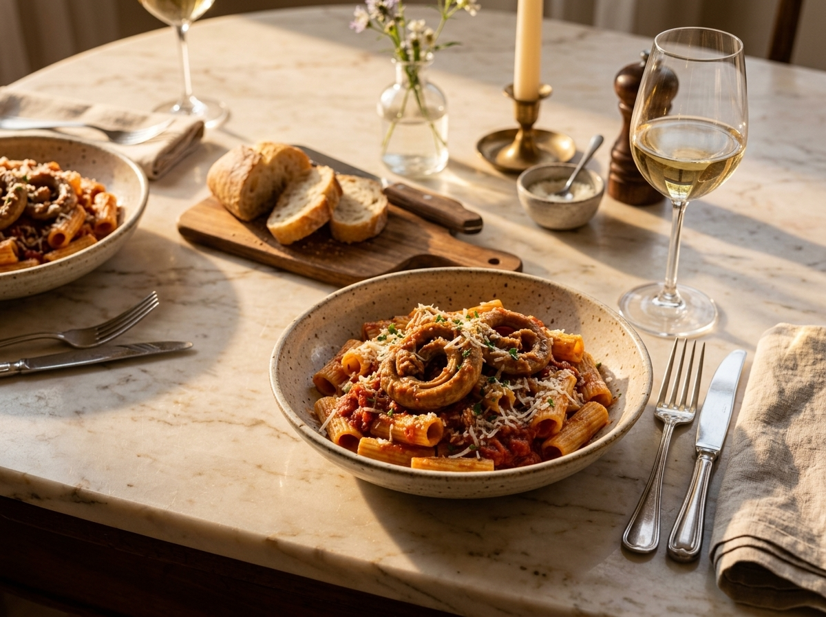 Two plates of rigatoni con la pajata served with crusty bread and a glass of white wine on a marble table