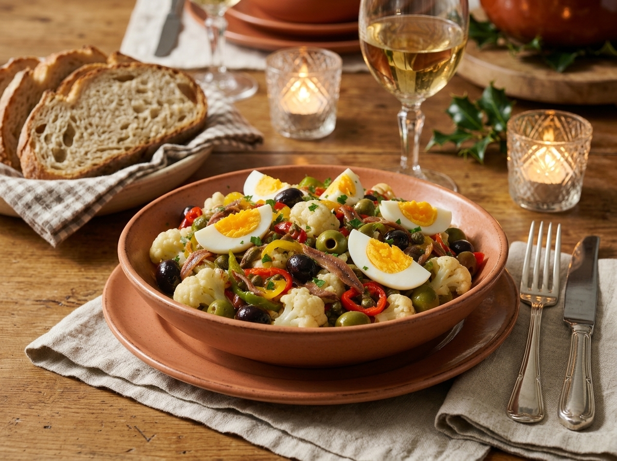 Holiday table scene with a platter of insalata di rinforzo beside crusty bread and a glass of wine under candlelight