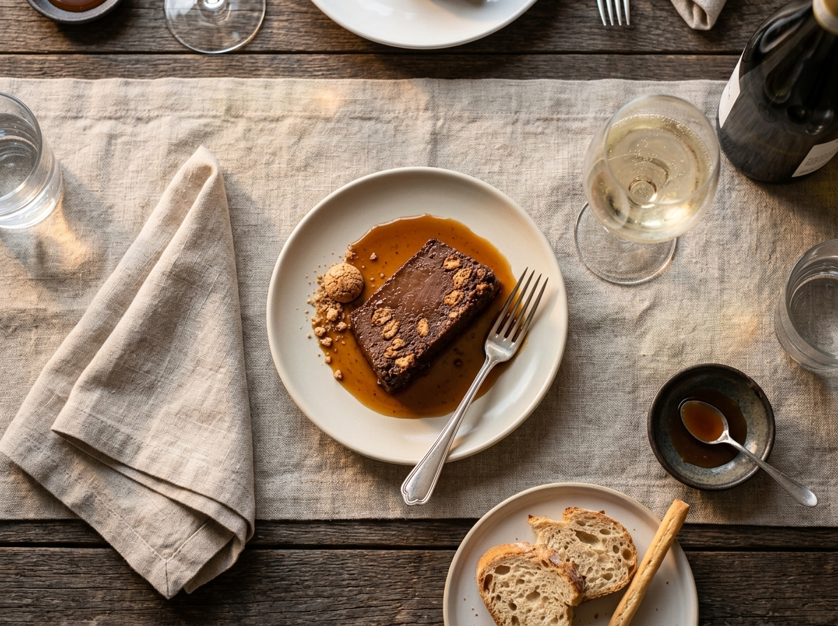 Slice of bonet piemontese plated with a glass of moscato d'Asti and a linen napkin on a wooden table
