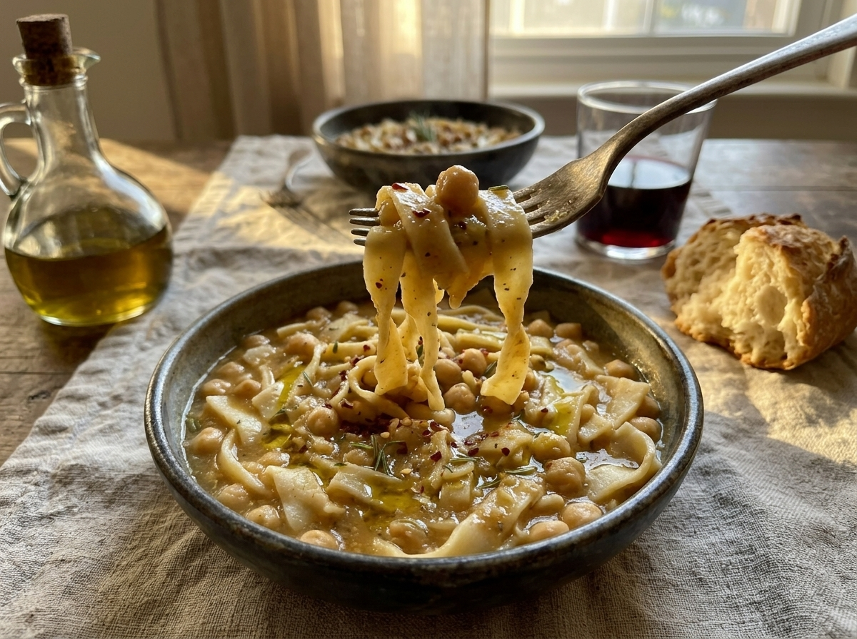 Two bowls of lagane e ceci served on a linen tablecloth with crusty bread and a glass of red wine