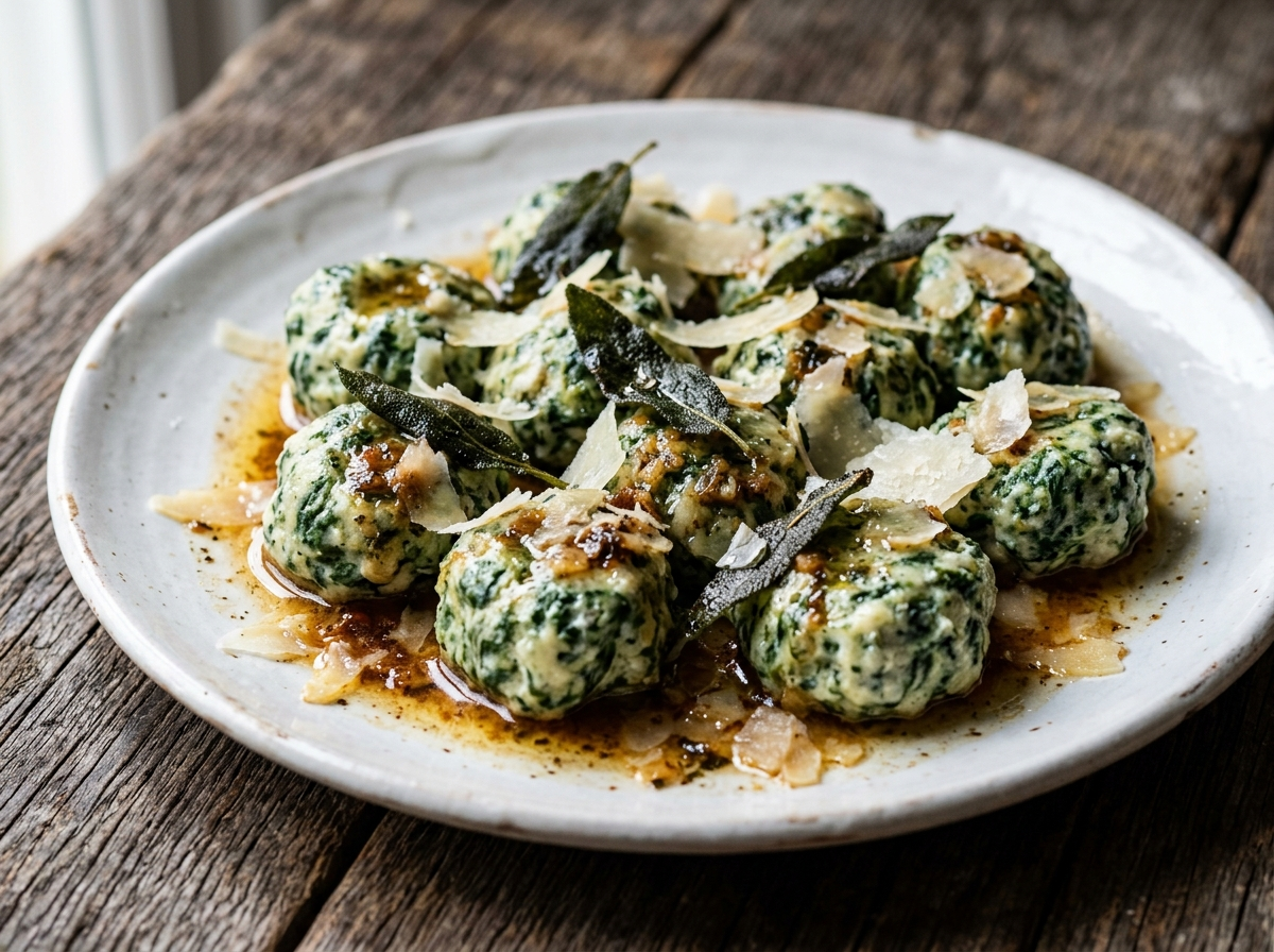 Plate of ricotta spinach malfatti topped with crisp sage leaves and shaved parmesan in browned butter sauce