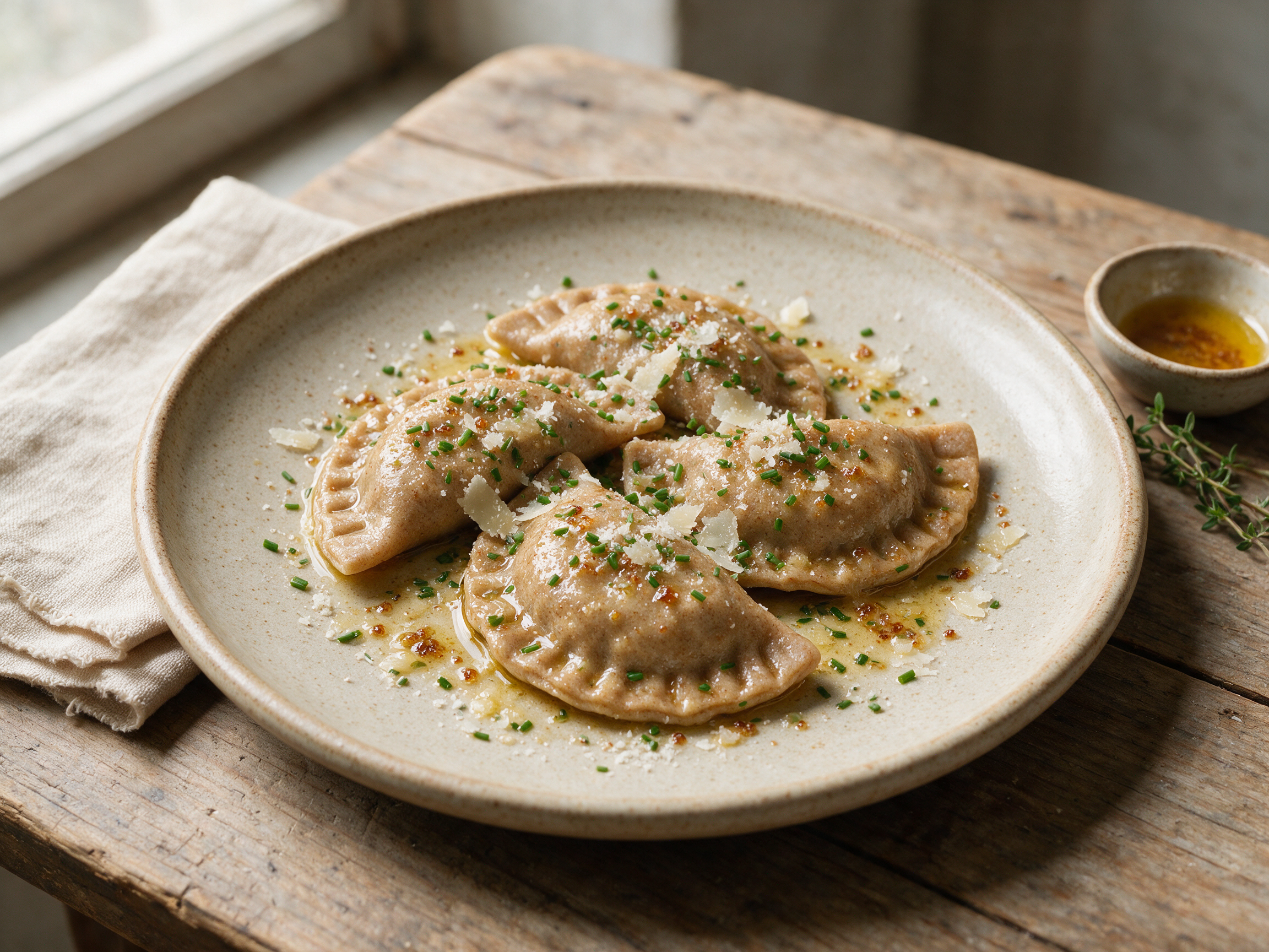 Close overhead view of half-moon schlutzkrapfen glazed in browned butter, chives, and grana padano on a ceramic plate.