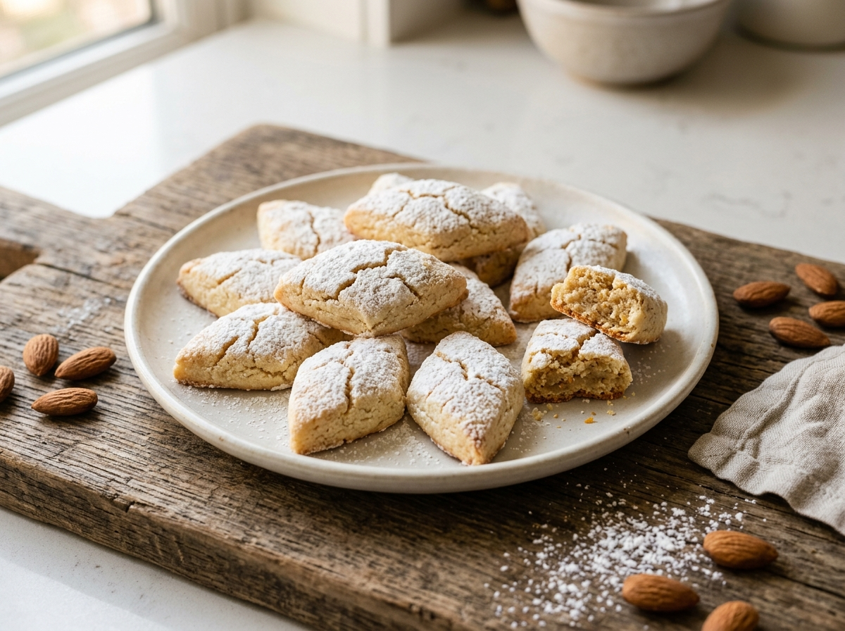 Cracked powdered sugar topped ricciarelli di Siena almond cookies arranged on a rustic wooden board with scattered almonds