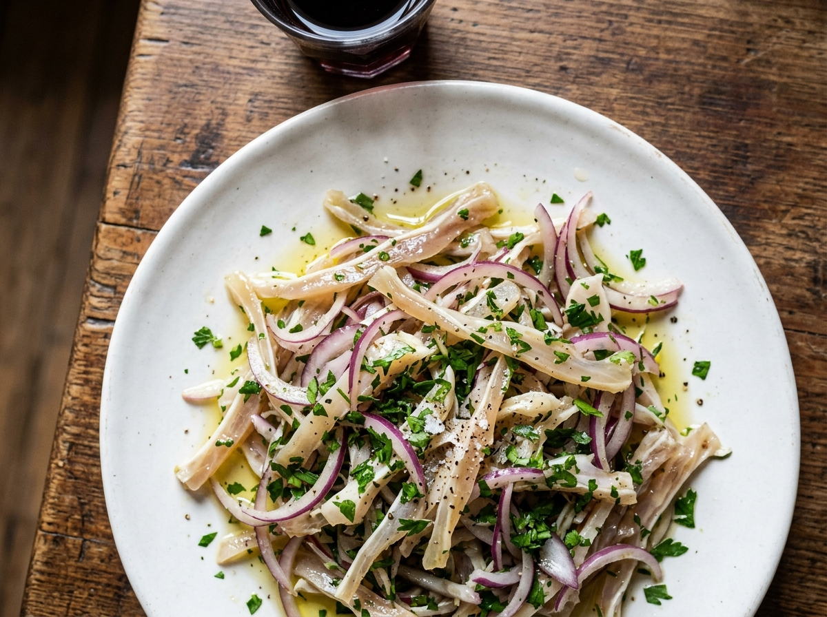 Sliced veal tendon salad with red onion and parsley on a white plate, classic Milanese insalata di nervetti antipasto