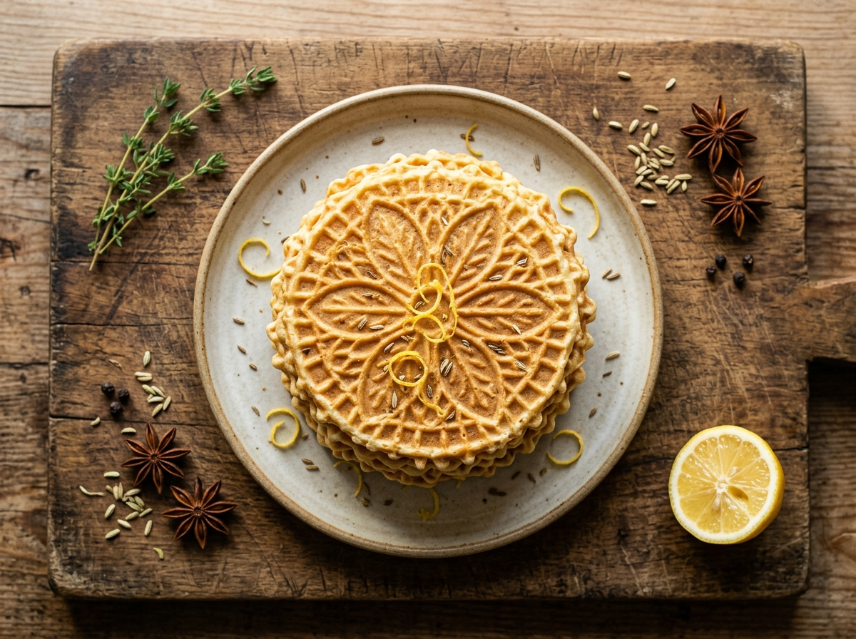 Stacked golden pizzelle abruzzesi cookies with lacy waffle pattern and lemon zest on a rustic wooden board