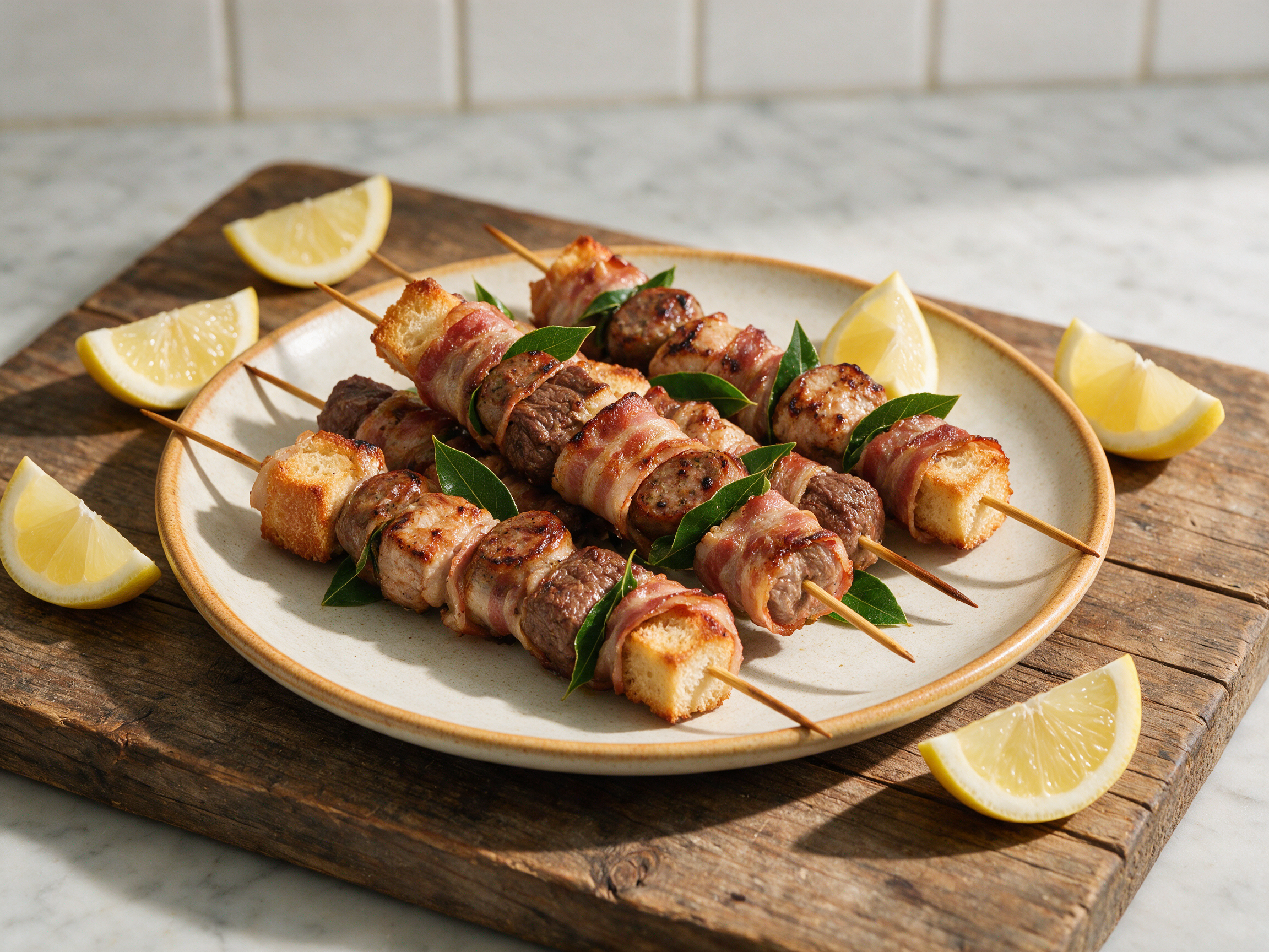 Overhead view of charred spiedini di carne misti skewers with pancetta-wrapped bread cubes and bay leaves on a wooden board