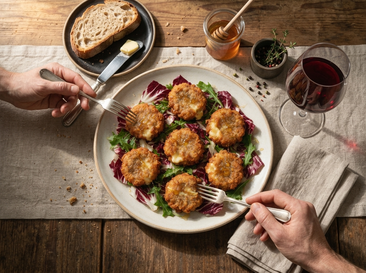 Two rustic plates of fried sciatt and bitter greens set on a wooden table beside a glass of red wine and linen napkin.