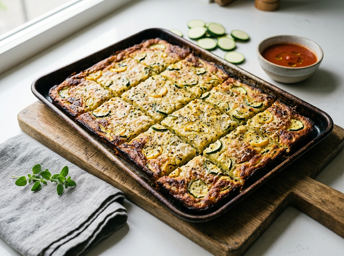 Golden squares of scarpaccia di zucchine with crisp edges cooling on a baking sheet, flecked with Parmesan and marjoram