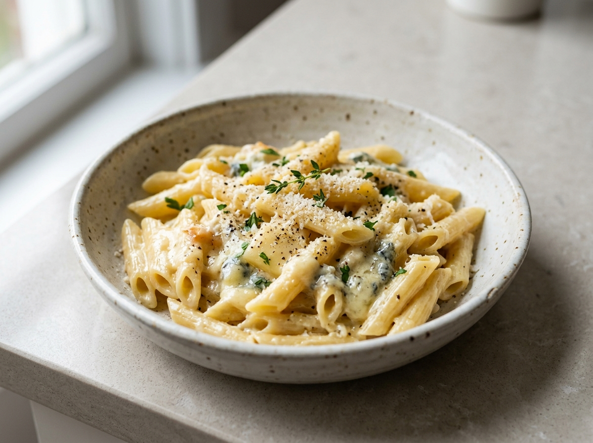 Bowl of pasta ai quattro formaggi with melted gorgonzola and taleggio, topped with grated parmigiano and cracked pepper
