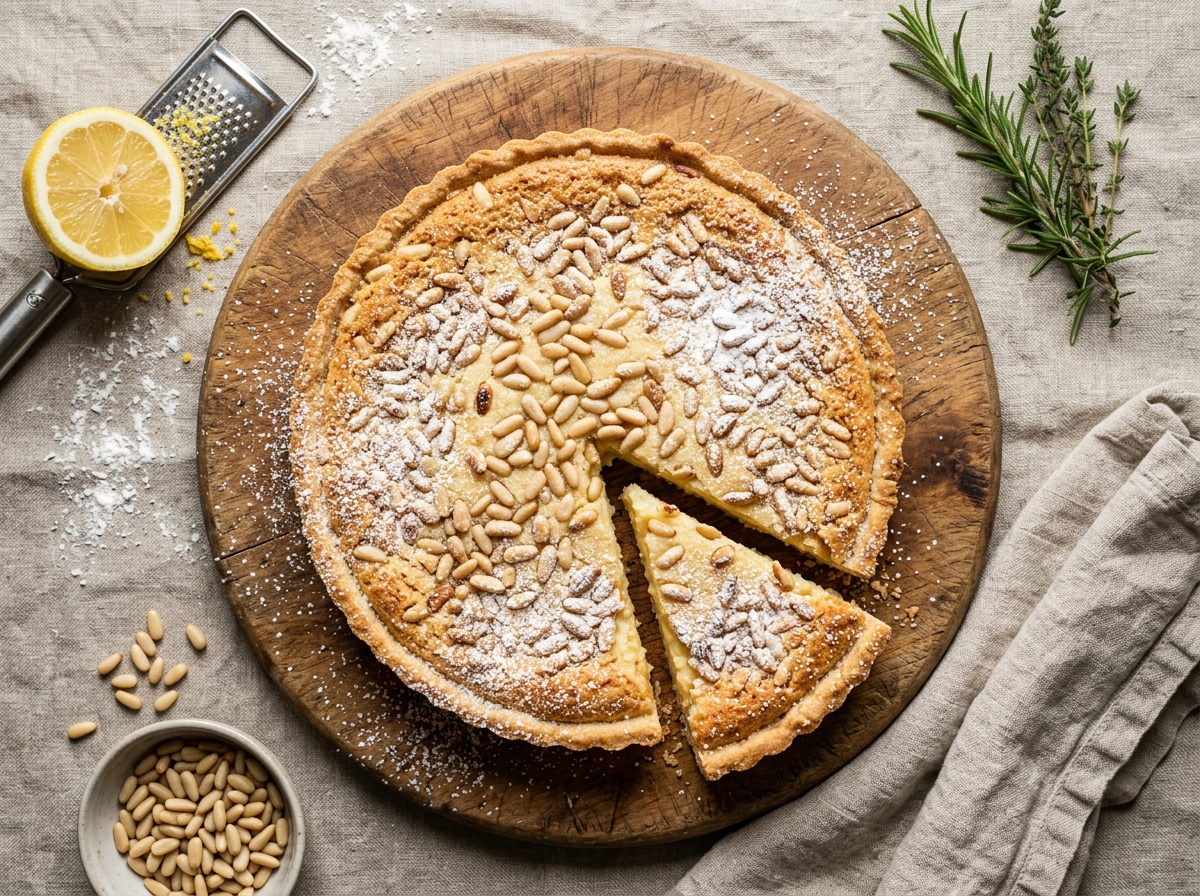 Whole Torta della Nonna tart with pine nuts and powdered sugar on a wooden board, one slice cut showing lemon custard