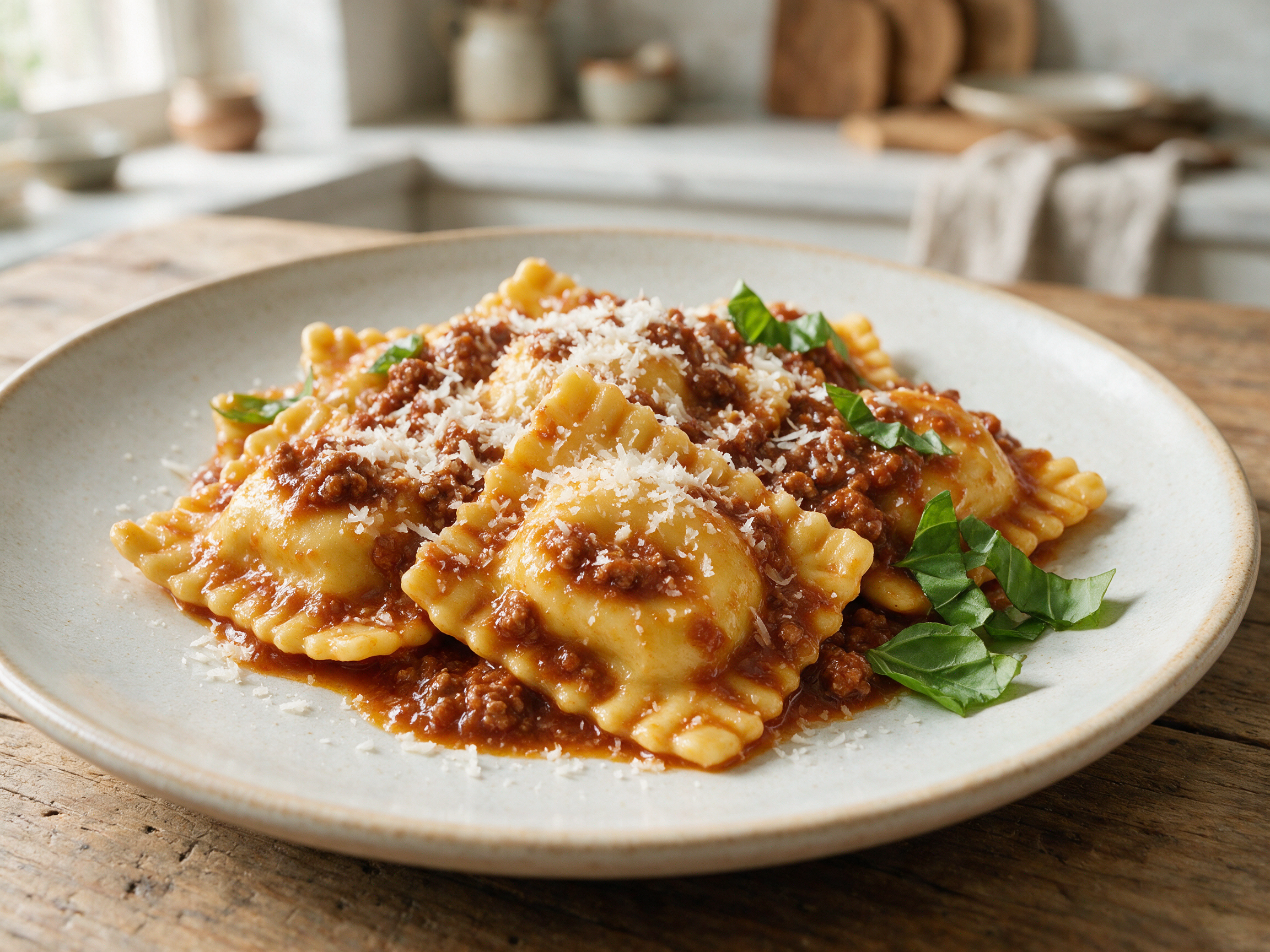 Overhead plate of golden tortelli di patate mugellani coated in meat ragù, dusted with grated parmigiano on a ceramic dish.