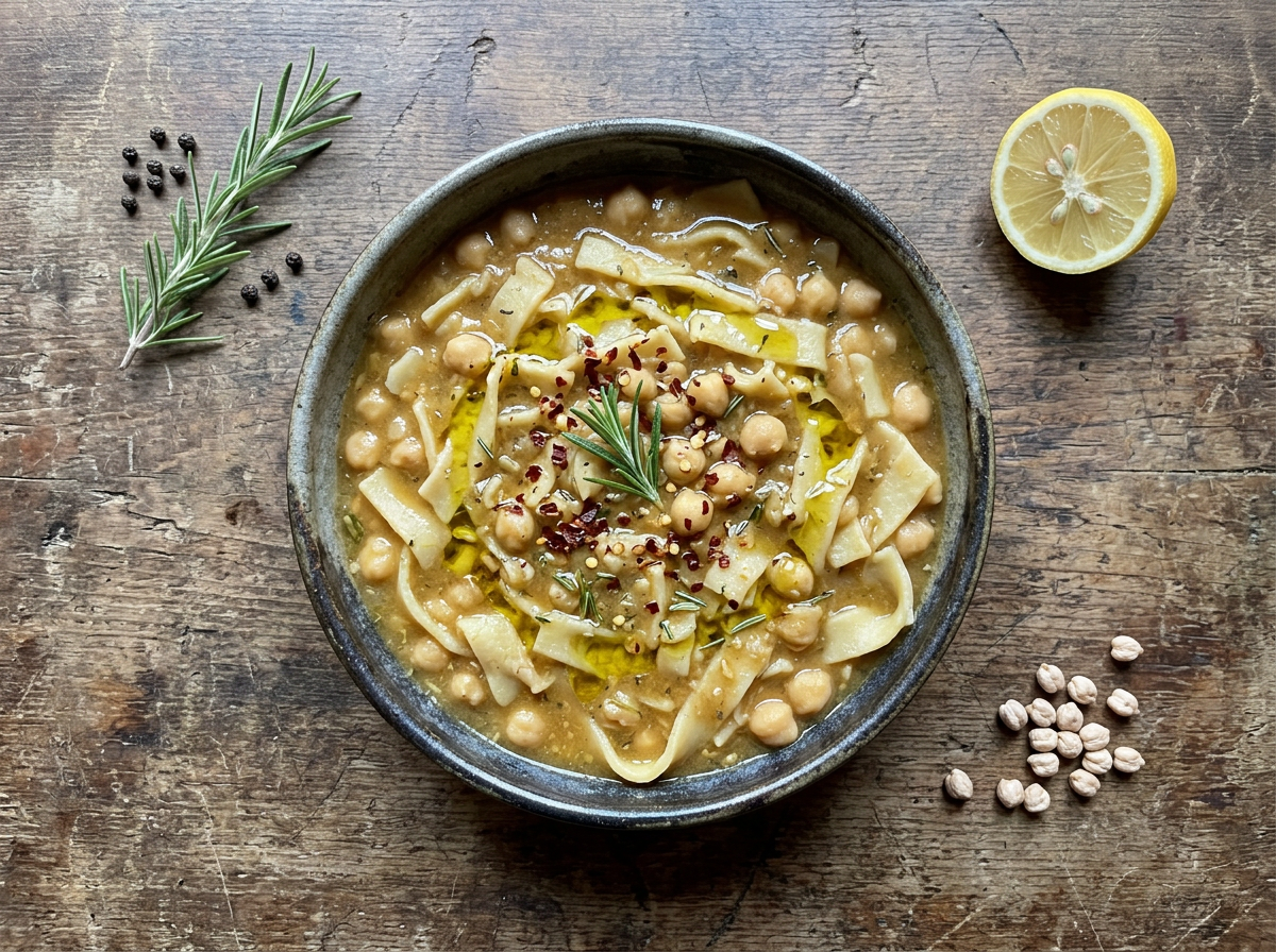 Bowl of lagane e ceci with wide pasta ribbons, chickpeas, rosemary, and olive oil drizzle on a rustic wooden table