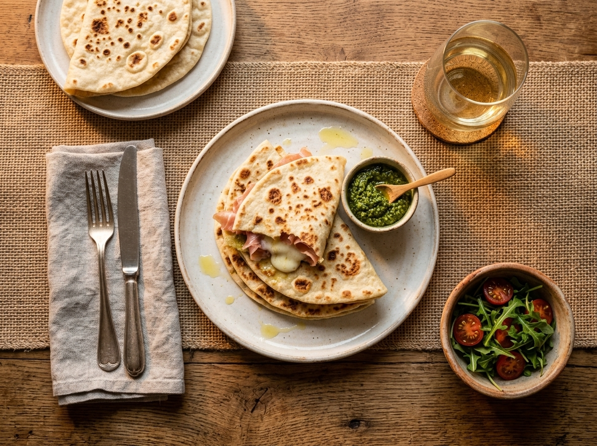 Folded panigacci filled with stracchino and prosciutto served on a rustic table with a glass of white wine