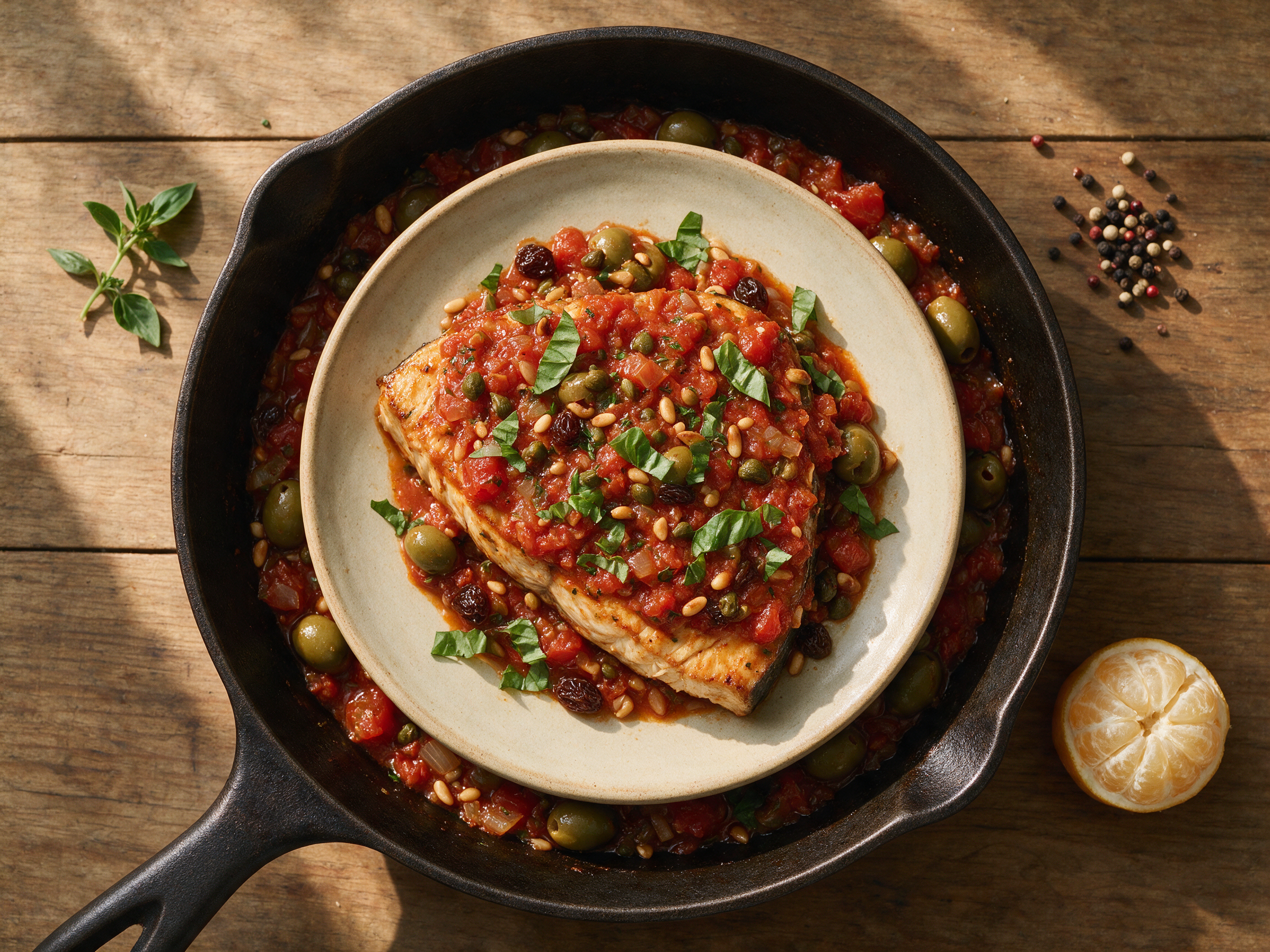 Swordfish steak braised in tomato sauce with green olives, capers, and pine nuts served in a dark cast iron skillet