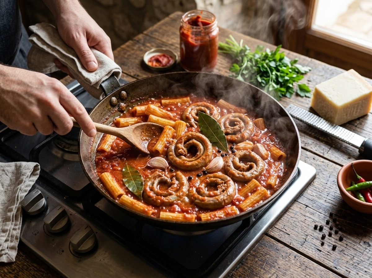 Pajata rings braising in tomato sauce in a wide pot, stirred with a wooden spoon over low heat