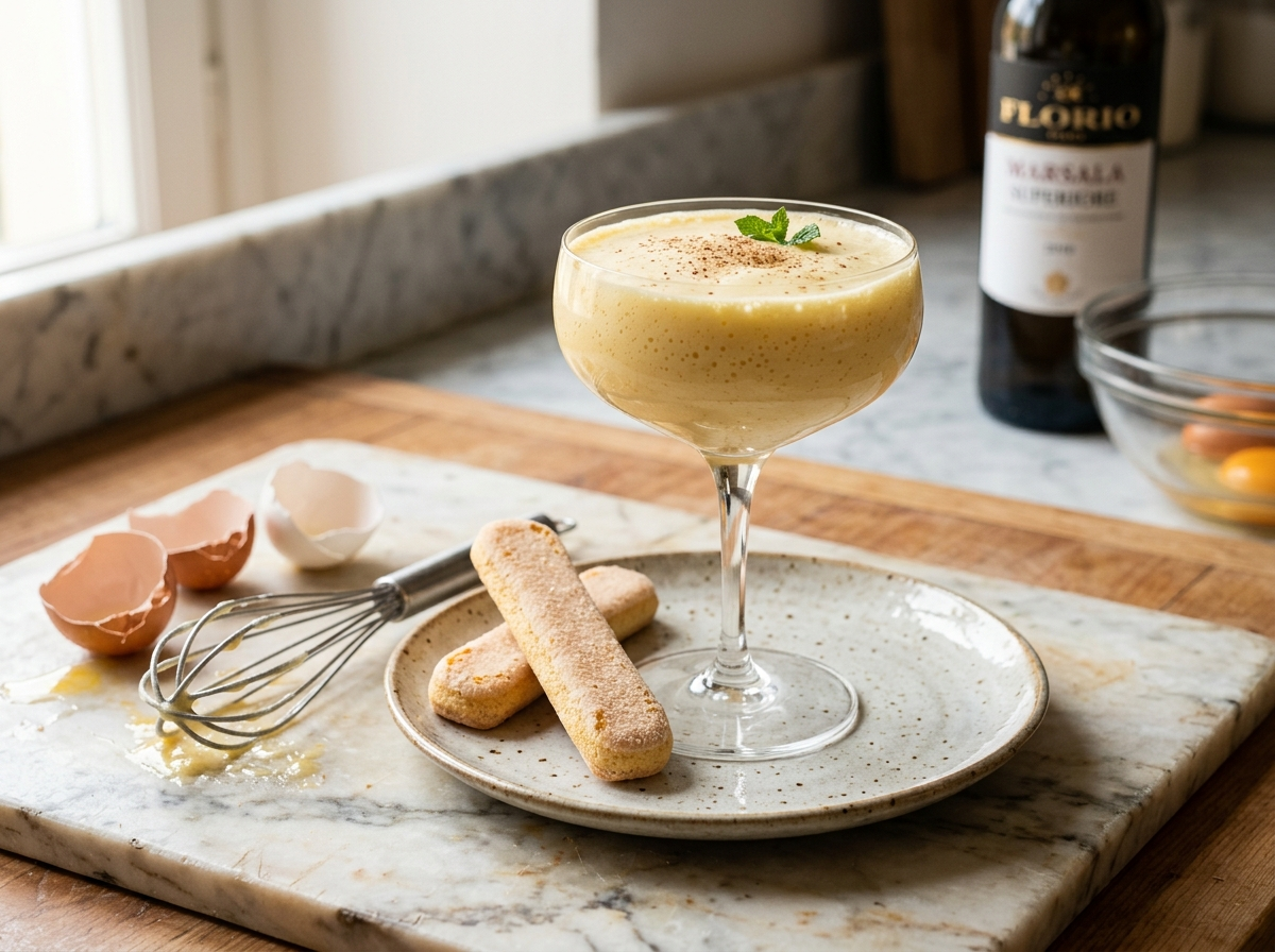 Warm zabaione in a stemmed glass with ladyfingers on a marble surface, showing its pale gold, airy texture