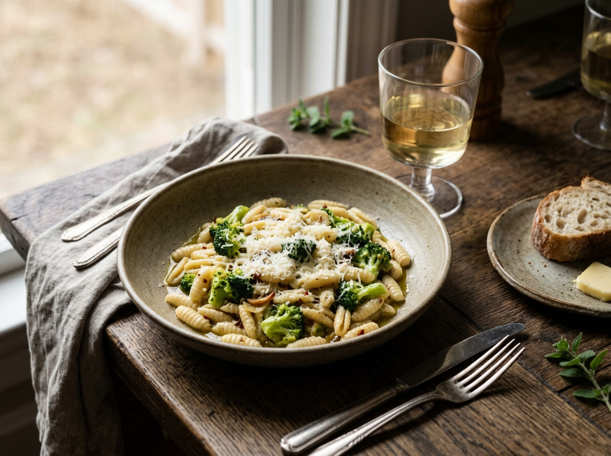 Plated cavatelli con broccoli beside a glass of white wine and crusty bread on a linen-topped table