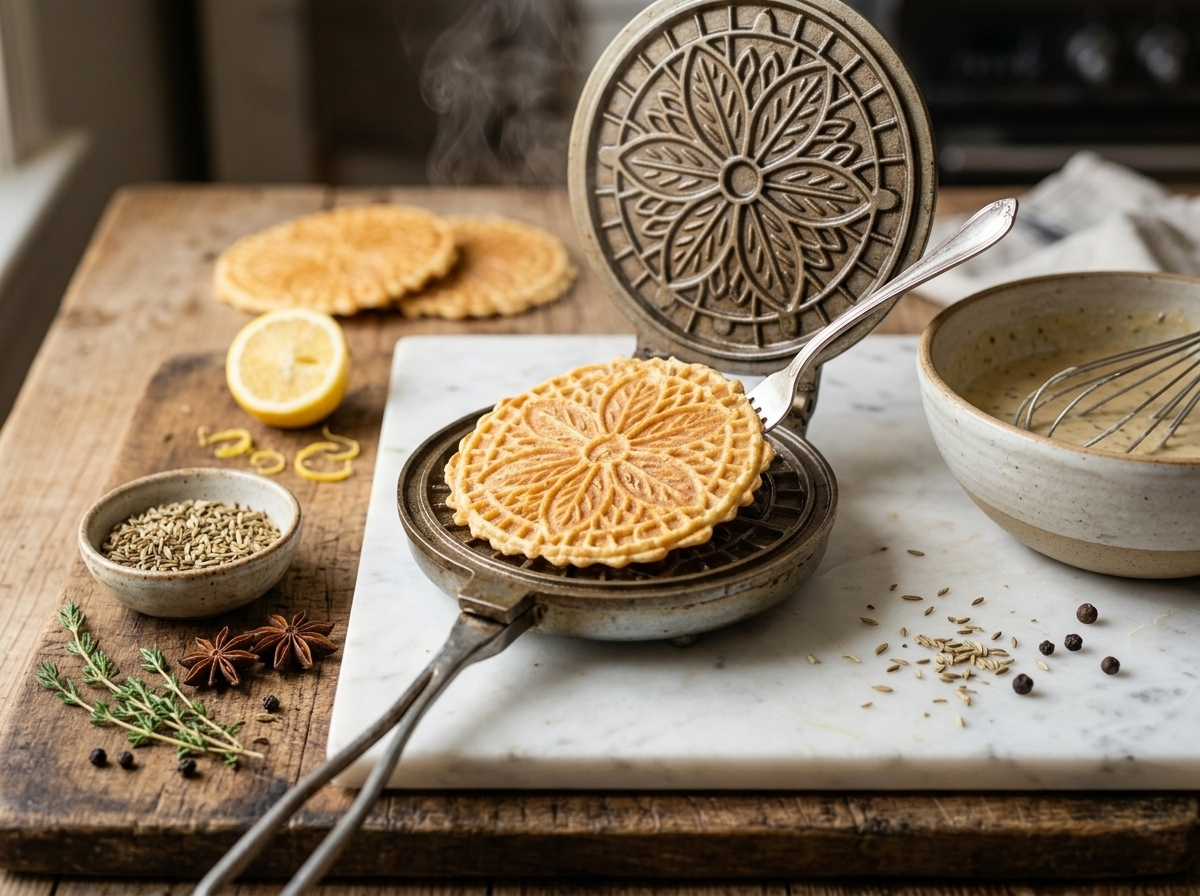 Hand lifting a fresh pizzelle abruzzesi cookie off a stovetop iron with batter bowl in the background