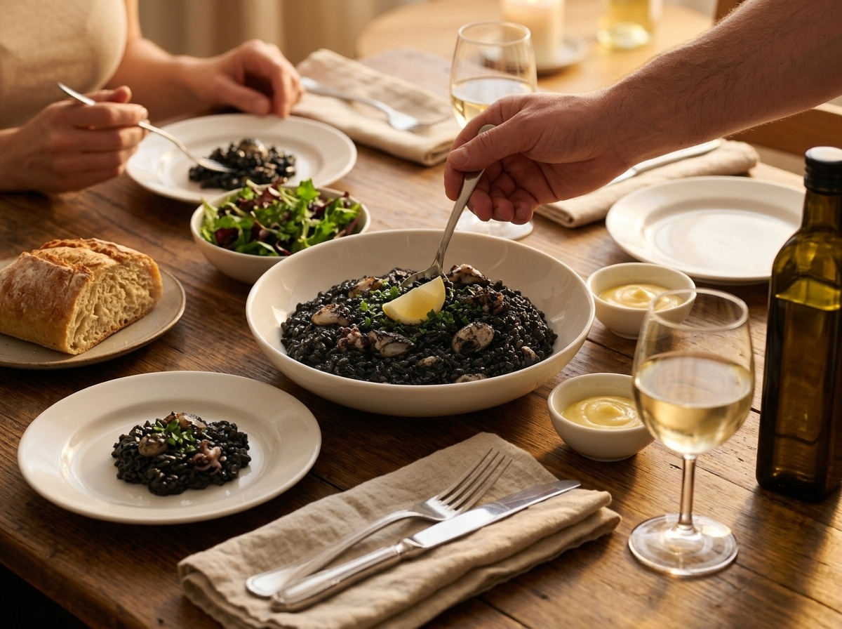 Two hands reaching toward a shared bowl of black cuttlefish risotto at a rustic table set with wine glasses and linen napkins
