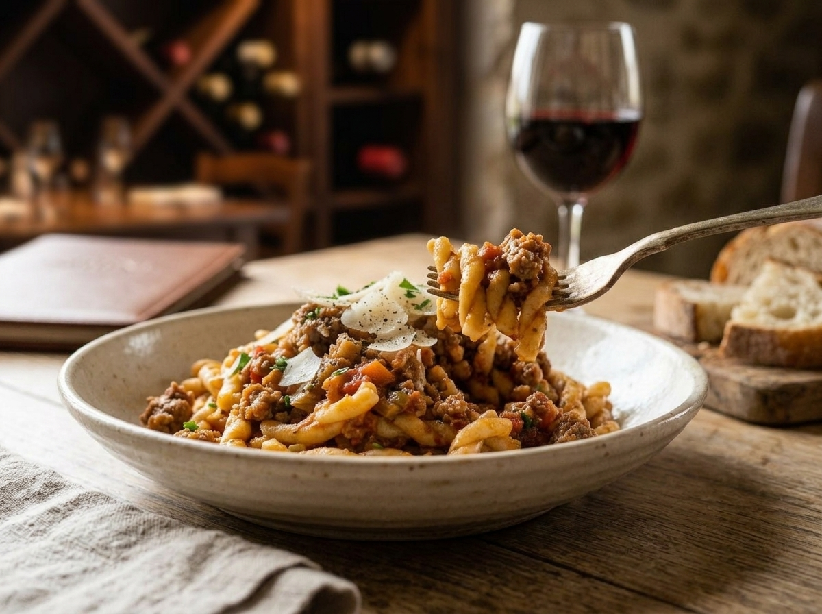 Plated strozzapreti alla romagnola served with red wine and crusty bread at a linen-set table