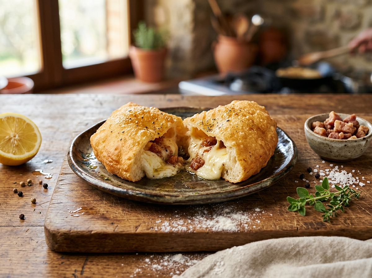 Fried pizza fritta napoletana cut in half showing melted provola and ricotta filling on a wooden board