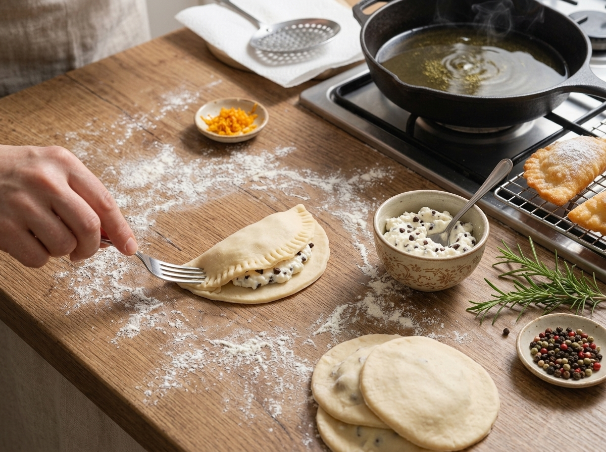 Hands crimping the edge of a filled half-moon pastry with a fork on a floured wooden counter before frying