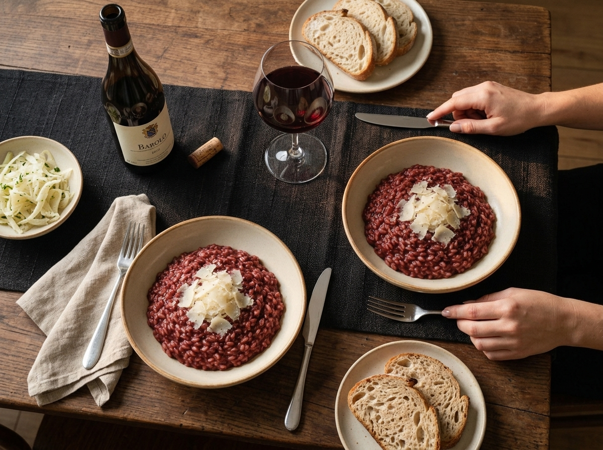 Two shallow bowls of ruby risotto on a linen-covered table beside a glass and open bottle of Barolo wine.