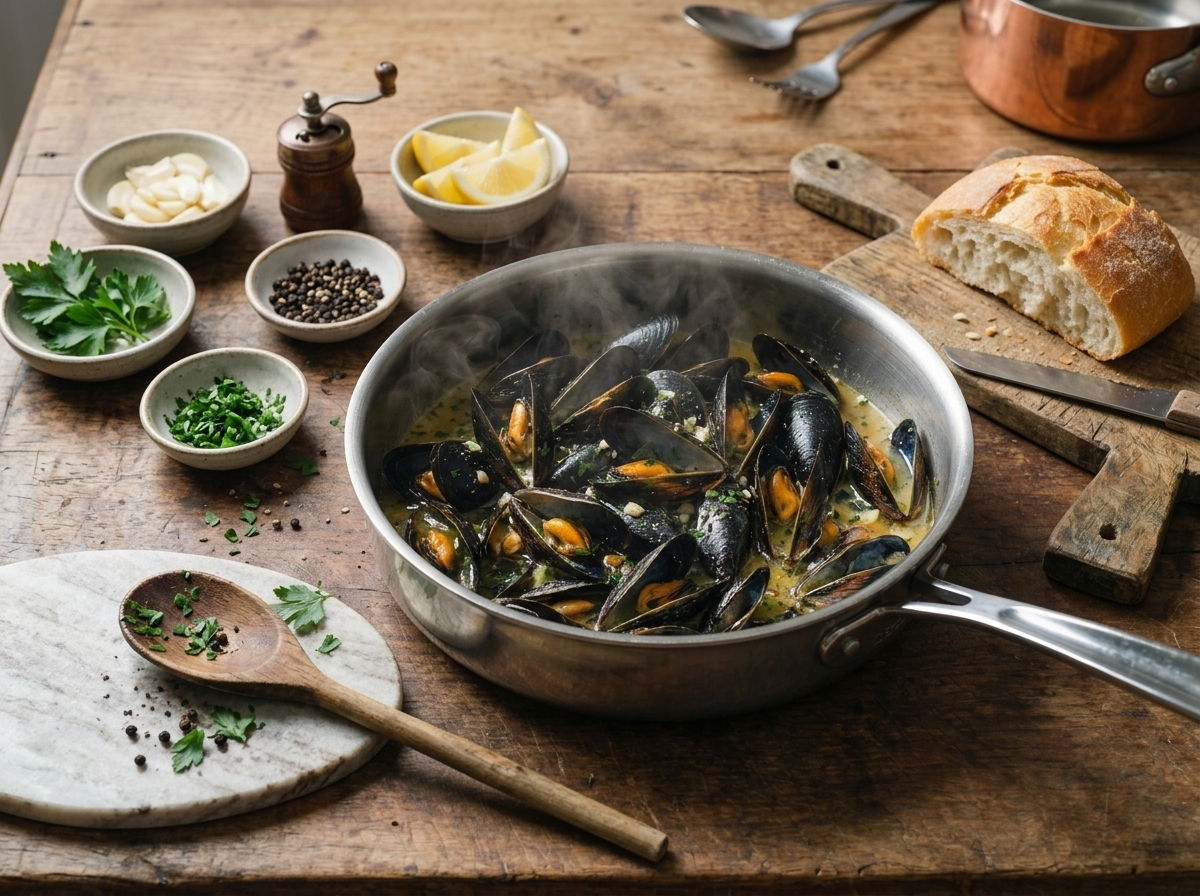 Close-up of mussels opening in a wine and garlic broth inside a wide steel pot, steam rising as the cook shakes the pan.