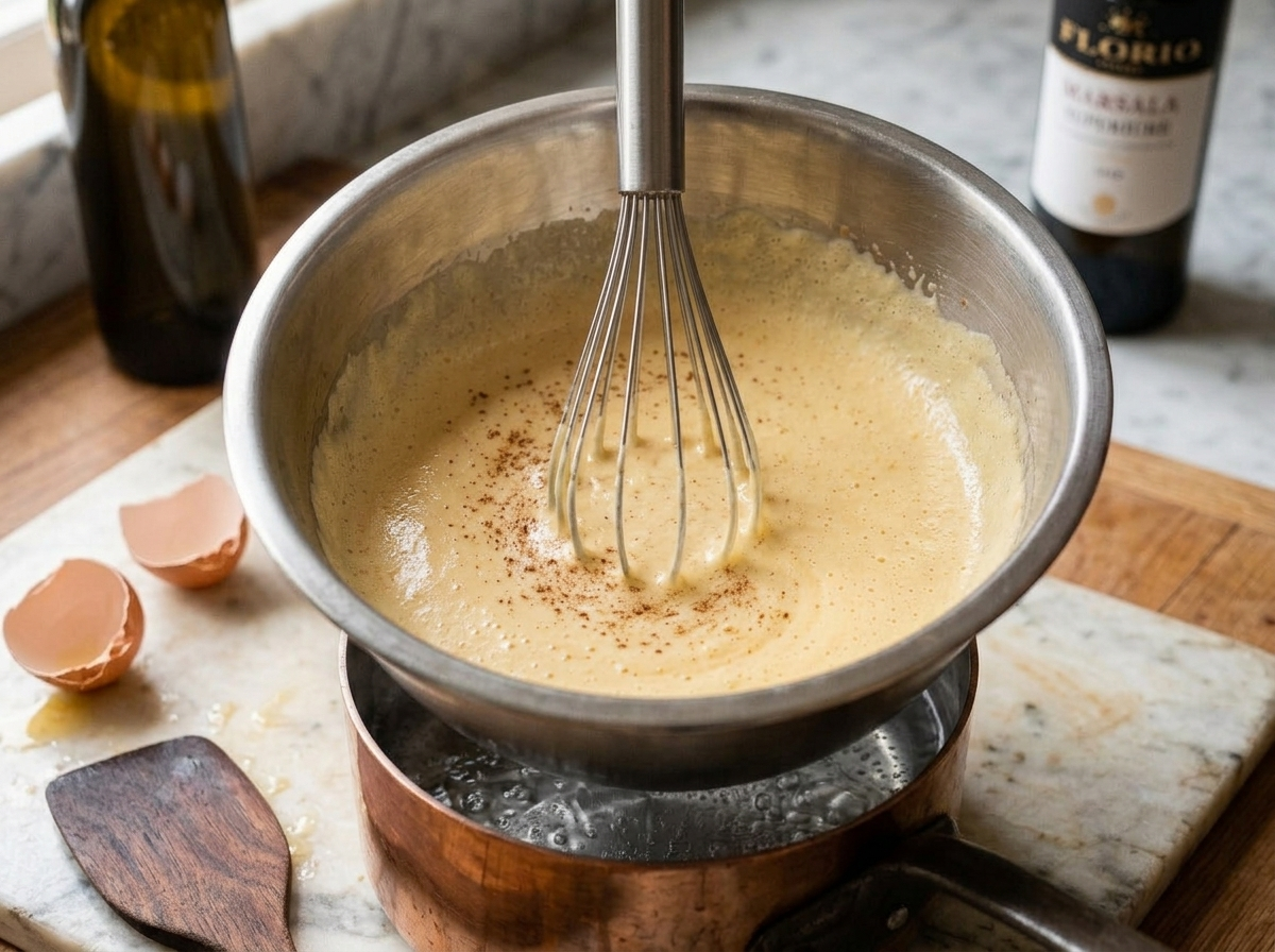 Whisking egg yolks and Marsala wine in a bowl set over simmering water to make zabaione custard
