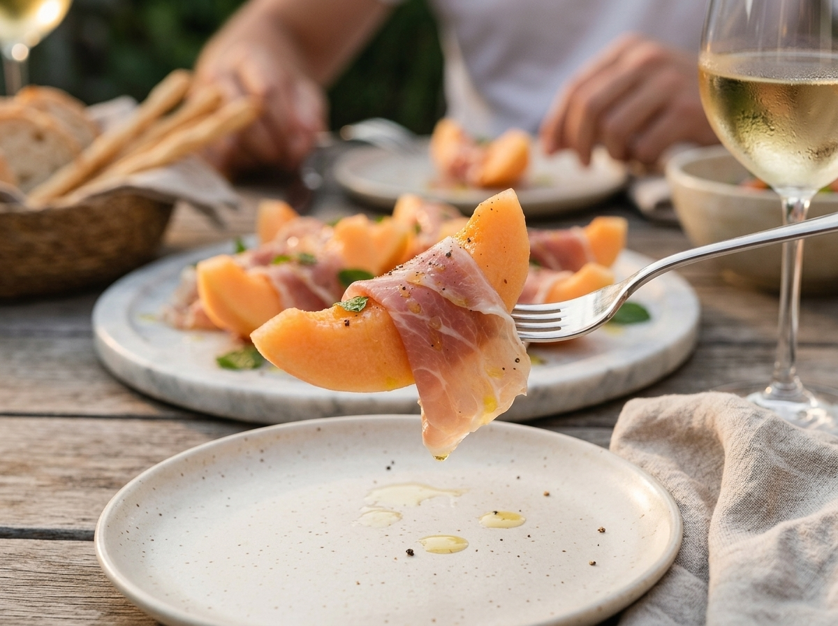 Outdoor table with linen napkins, chilled white wine, and a shared platter of prosciutto e melone in late afternoon light
