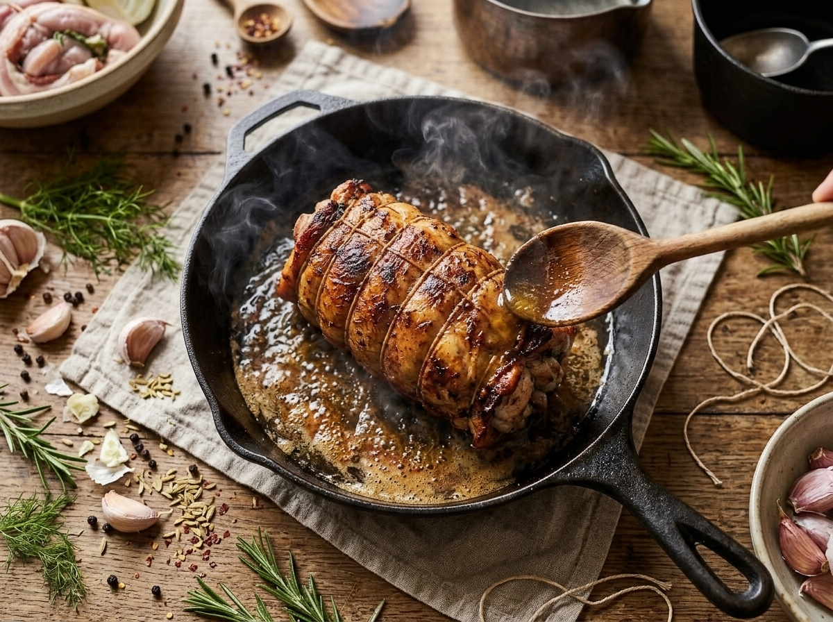 Rolled rabbit tied with twine searing in a cast iron skillet with golden crust and pan juices being basted over it