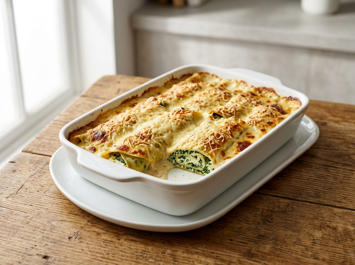 Baked crespelle alla fiorentina with spinach ricotta filling under golden bubbling béchamel and parmesan in a ceramic dish