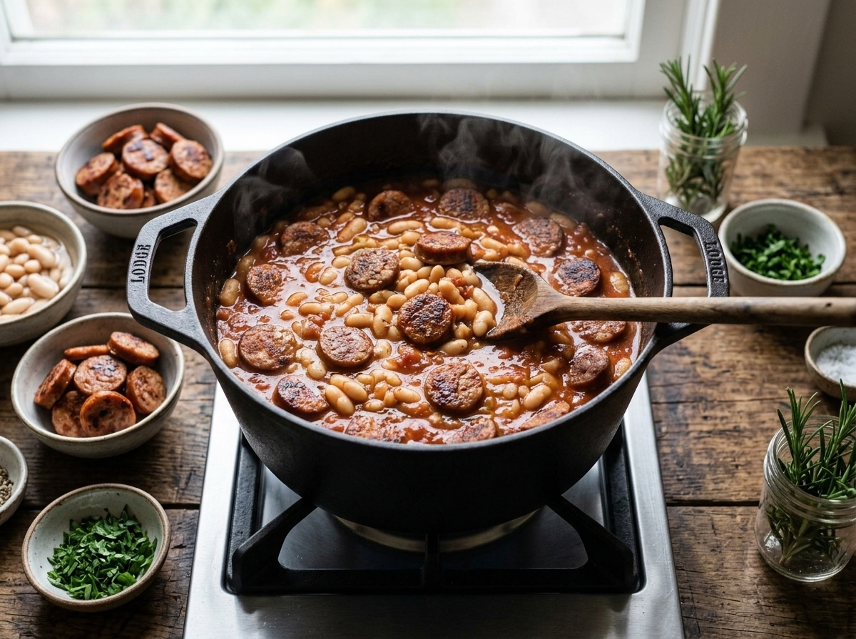 Sausage and cannellini beans simmering in tomato broth in a Dutch oven, stirred with a wooden spoon