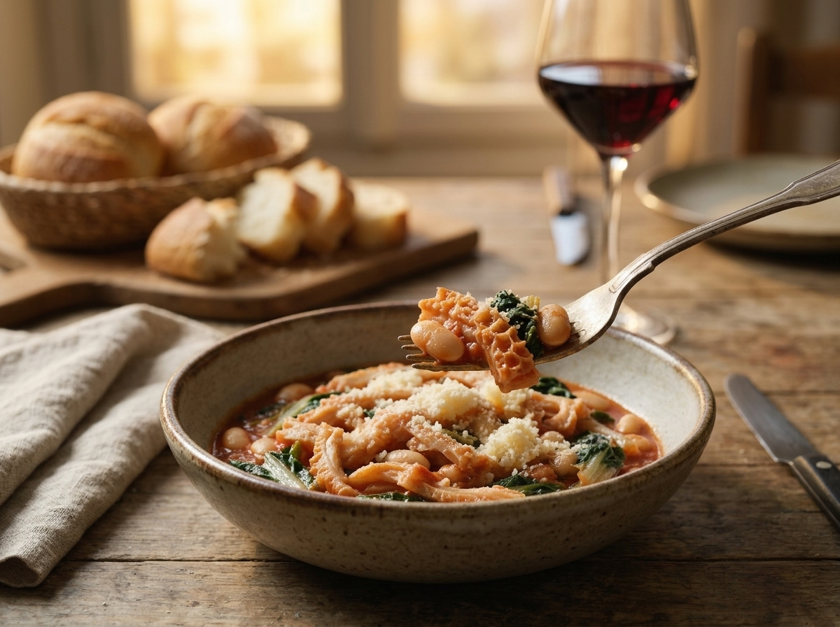 Rustic table setting with a bowl of trippa alla Valtellinese, crusty bread, and a glass of red wine.