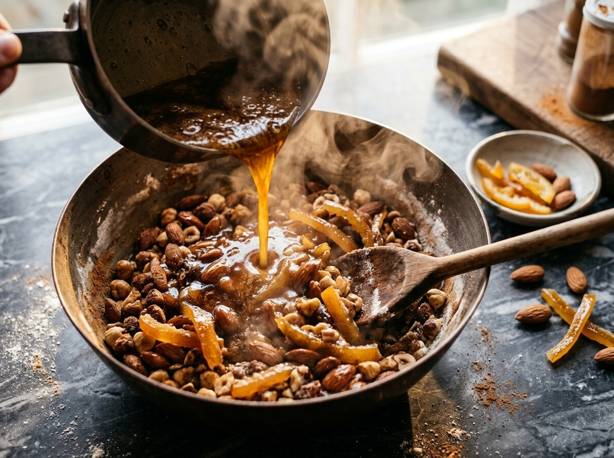 Hot honey syrup being poured over almonds, hazelnuts and candied fruit in a mixing bowl for panforte di Siena