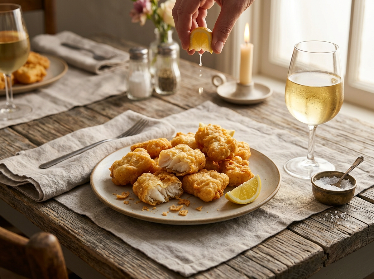 Plate of crispy baccalà fritto with lemon wedge and a glass of white wine on a linen-covered table