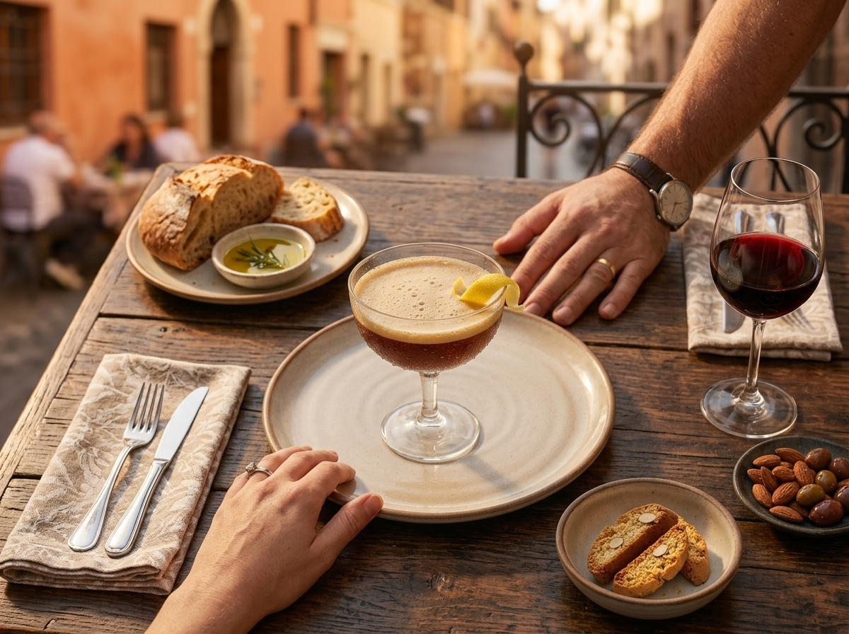 Two hands holding iced espresso glasses at an outdoor cafe table with linen napkin and almond biscotti nearby