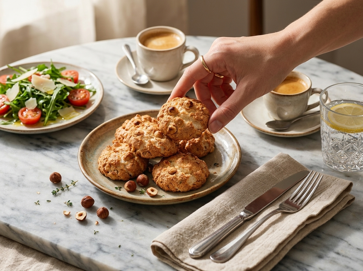 Small plate of brutti ma buoni cookies beside an espresso cup on a wooden table with morning light through a window