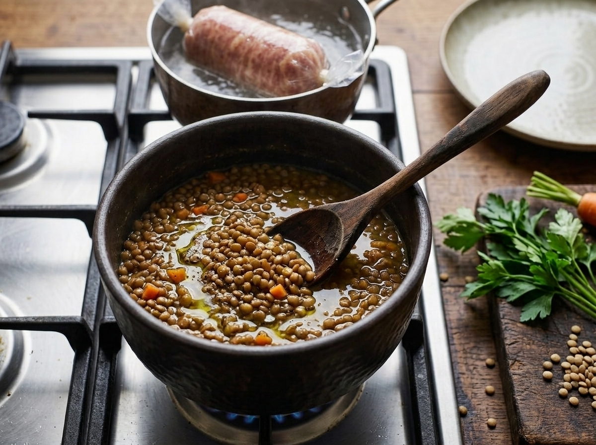 Lentils simmering with soffritto in a saucepan next to a pot with cotechino cooking in its sealed bag