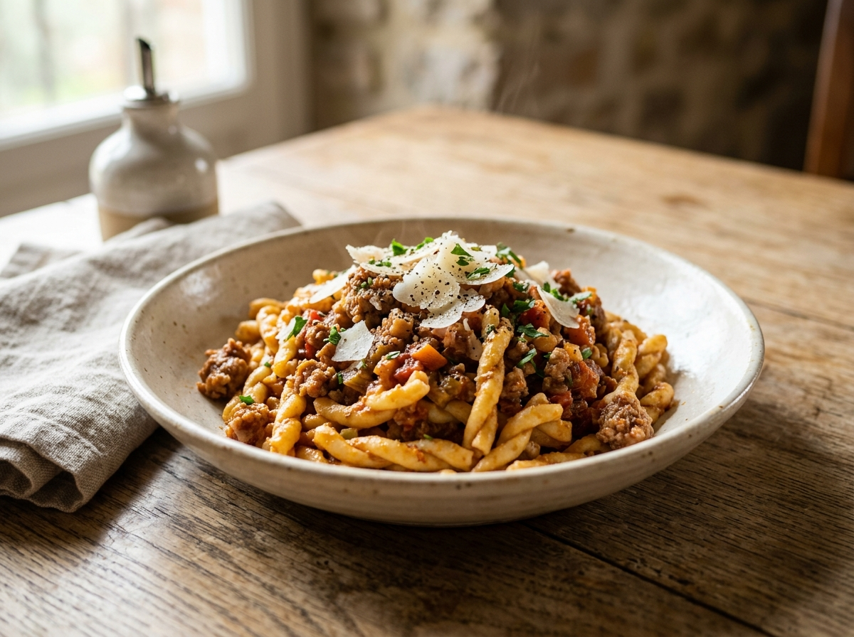 Bowl of strozzapreti alla romagnola topped with grated Parmigiano and cracked pepper on a rustic wooden table